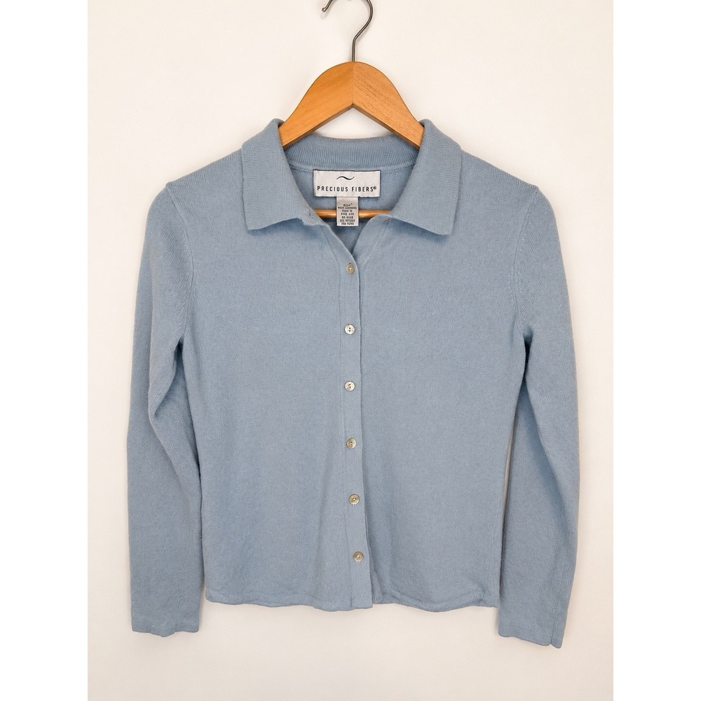 Precious Fibers 100% Cashmere Cardigan Women M Blue Collared Button Sweater